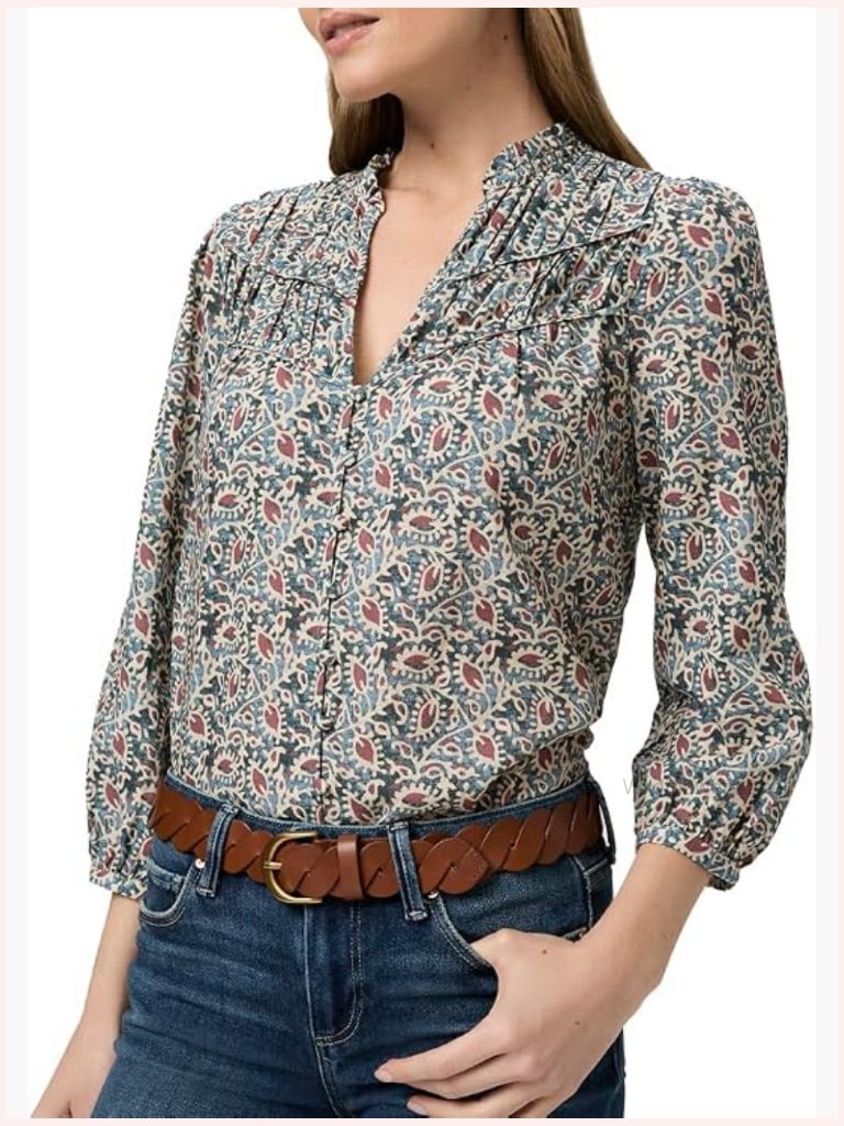 3/4 Sleeve Peasant Blouse V-Neck Floral Button Front